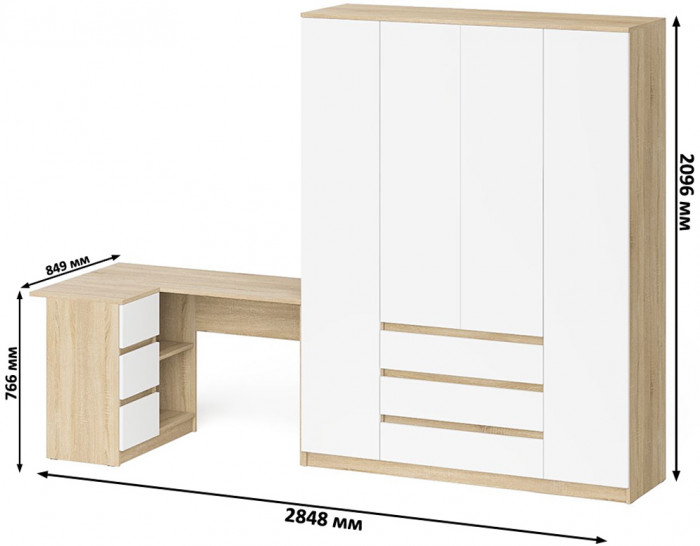 Мори Стол компьютерный МС-16 левый + Шкаф МШ1600.1, цвет дуб сонома/белый, ШхГхВ 284,8х84,9х209,6 см., выдвижные ящики слева, НЕ универсальная сборка