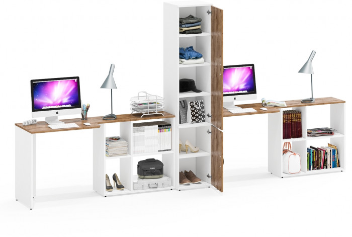 Лидер-8 Стол + Стол + Пенал МД 22Б, белый шагрень/крафт золото