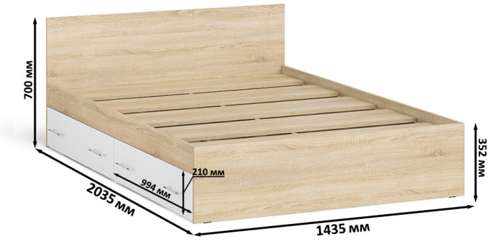 Мори Кровать с ящиками 1400, дуб сонома/белый