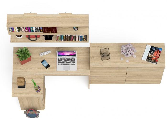 Мори компьютерный стол МС-16 левый + Комод МК1200.8 + Полка 1200, дуб сонома