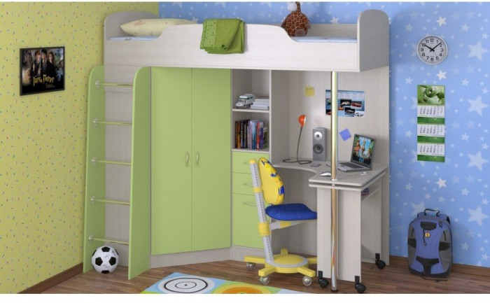 Детская кровать-чердак Теремок-1, Дуб молочный / Салатовый