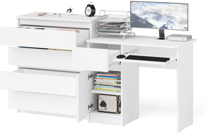 Мори Стол компьютерный МС-1 левый + Комод МК800.4, цвет белый, ШхГхВ 170,4х50х94 см., выдвижной ящик слева, НЕ универсальная сборка