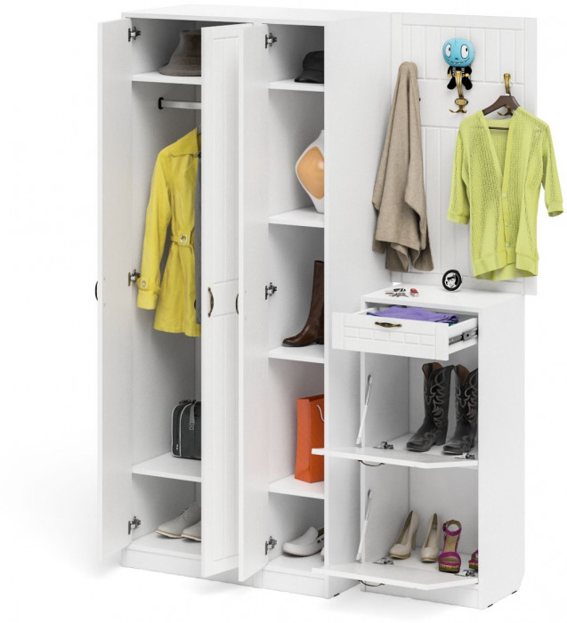 Прихожая П-6 Компоновка № 50, цвет белая шагрень/фасады МДФ белое дерево фрезеровка прованс, ШхГхВ 150х50х210 см., универсальная сборка