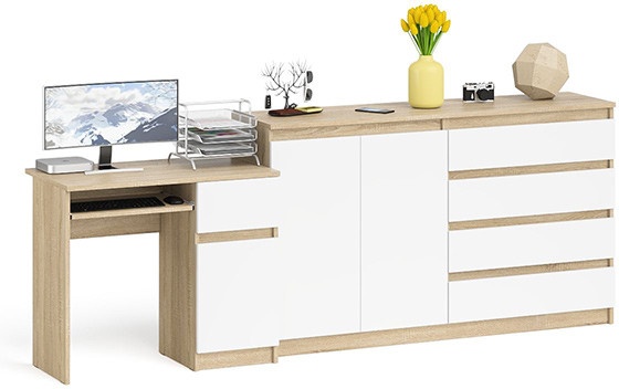 Мори компьютерный стол МС-1 правый + Комод МК1600.1, дуб сонома/белый