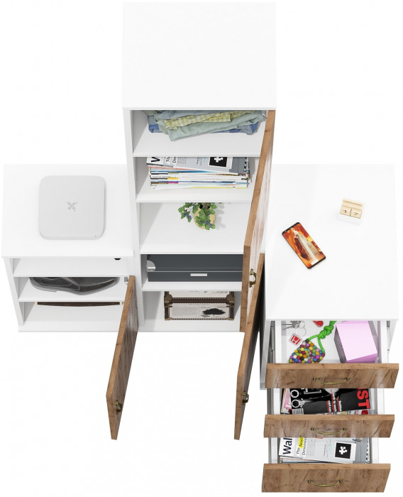 Лидер-8 Пенал + Тумба МД 3.16 + Тумба МД 3.19, цвет белый шагрень/крафт золото, ШхГхВ 120х50х190 см., универсальная сборка