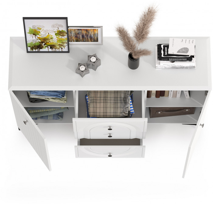 Валенсия Спальня 13.309 Комод, цвет ЛДСП белый шагрень/МДФ белый шагрень, ШхГхВ 133,2х38,4х87,5 см.