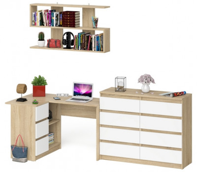 Мори компьютерный стол МС-16 левый + Комод МК1200.8 + Полка 1200, дуб сонома/белый