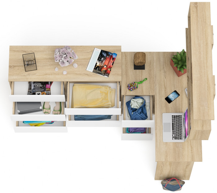 Мори компьютерный стол МС-16 левый + Комод МК1200.8 + Полка 1200, дуб сонома/белый