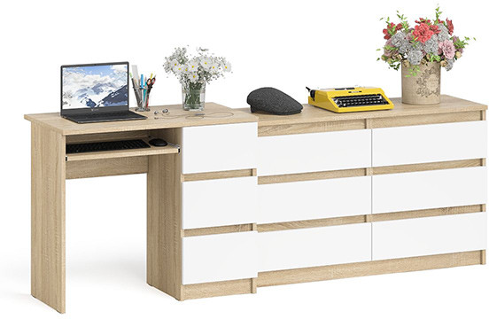 Мори компьютерный стол МС-6 правый + Комод МК1200.6, дуб сонома/белый