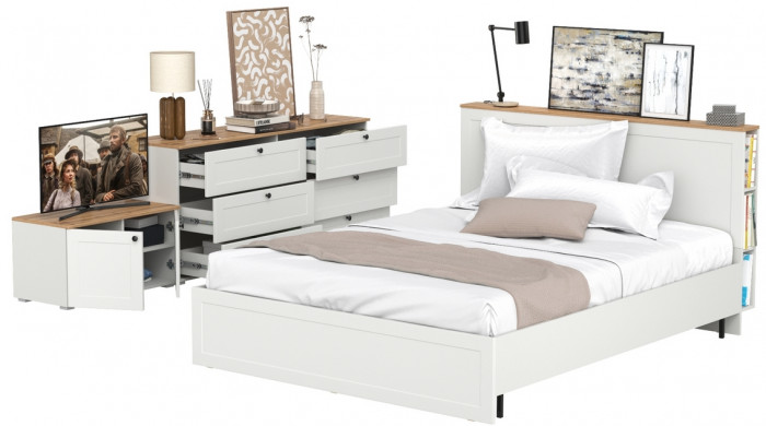 Остин 11.53 Кровать + ортопед + 16.240 Комод + 13.257 Тумба, белый шагрень/дуб крафт золотой