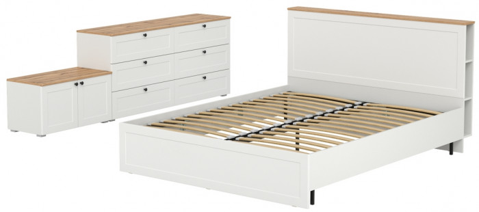 Остин 11.53 Кровать + ортопед + 16.240 Комод + 13.257 Тумба, белый шагрень/дуб крафт золотой