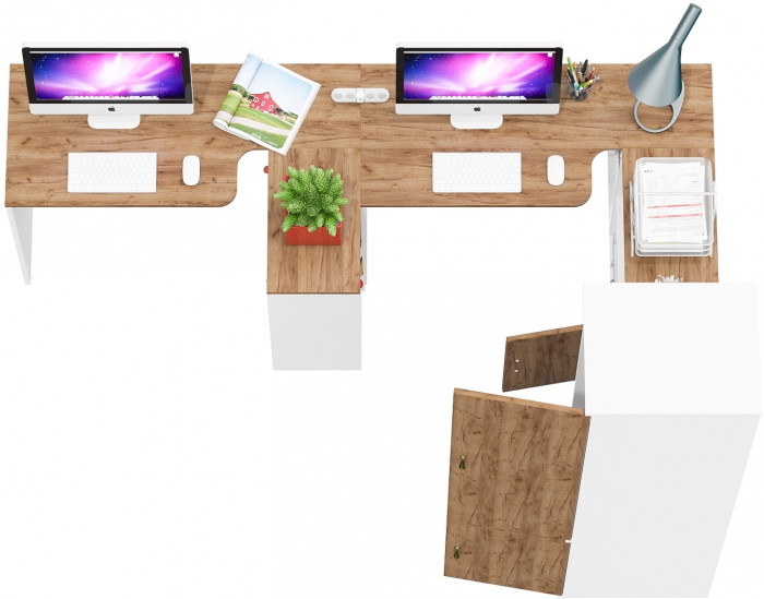 Лидер-8 Стол + Стол + Пенал МД 23Б + Тумба МД 3.19, цвет белый шагрень/крафт золото, ШхГхВ 410х50х75/190 или 230х160/50х75/190 см., НЕ ун. сб.