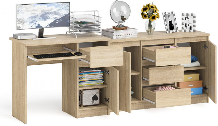Мори Стол компьютерный МС-1 правый + Комод МК1200.3, цвет дуб сонома, ШхГхВ 210,4х50х76,6 см., выдвижной ящик справа, НЕ универсальная сборка