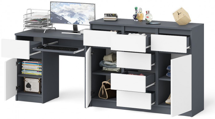 Мори компьютерный стол МС-1 левый + Комод МК1200.4, графит/белый