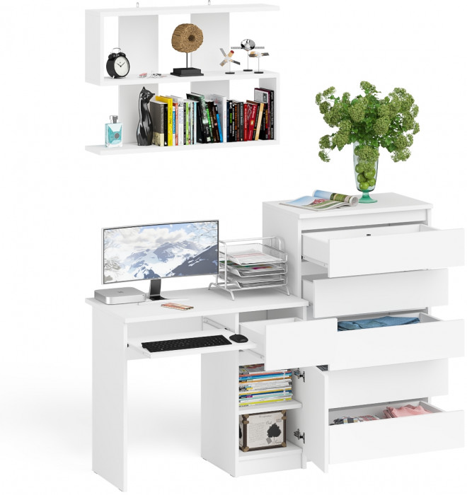 Мори компьютерный стол МС-1 правый + Комод МК700.5 + Полка 900, белый