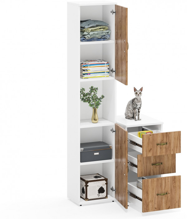 Лидер-8 Пенал + Тумба МД 3.16, цвет белый шагрень/крафт золото, ШхГхВ 80х50х190 см., универсальная сборка