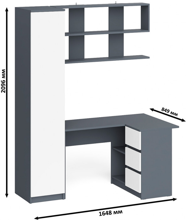Мори компьютерный стол МС-16 правый + Пенал МШ400.1 + Полка 1200, графит/белый