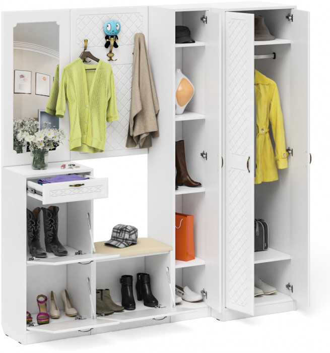 Прихожая П-6 Компоновка № 31, цвет белая шагрень/фасады МДФ белое дерево фрезеровка ромб, ШхГхВ 200х50х210 см., универсальная сборка