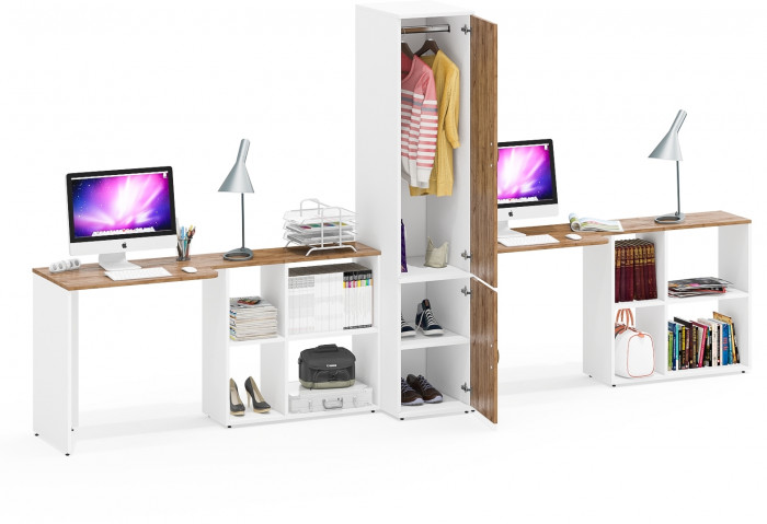 Лидер-8 Стол + Стол + Пенал МД 23Б, цвет белый шагрень/крафт золото, ШхГхВ 370х50х75/190 или 230х120/50х75/190 см., НЕ универсальная сборка