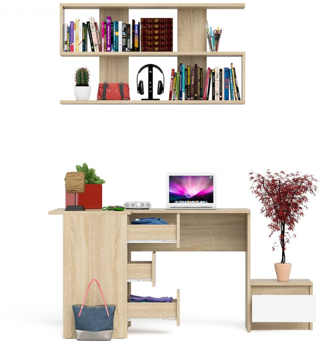 Мори Стол компьютерный МС-16 левый + Тумба ТМП400.1 + Полка 1200, цвет дуб сонома/белый, ШхГхВ 164,8х84,9х209,6 см., НЕ универсальная сборкаа