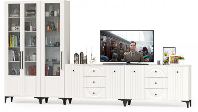 Валенсия Гостиная № 123, цвет ЛДСП белый шагрень/МДФ белый шагрень, ШхГхВ 405,4х38,4х225,2 см., универсальная сборка