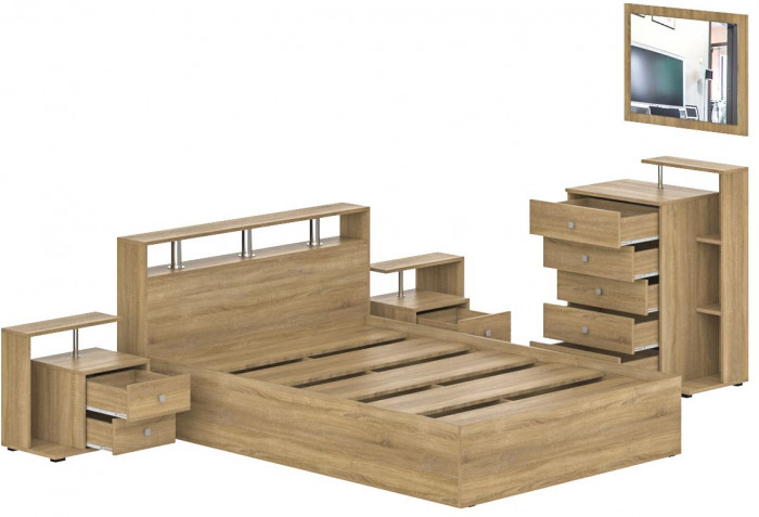 Камелия спальня № 5 Кровать 1400 + Две тумбы + Комод + Зеркало, цвет дуб сонома, сп.м. 1400х2000 мм., б/м, основание есть