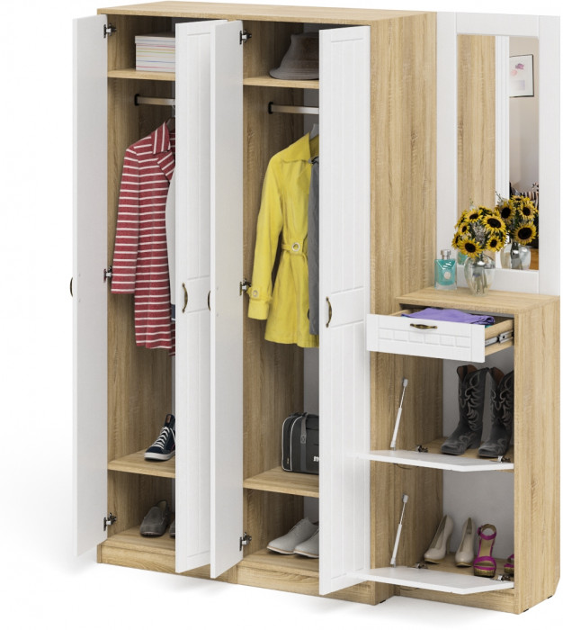 Прихожая П-6 Компоновка № 14, цвет дуб сонома/фасады МДФ белое дерево фрезеровка прованс, ШхГхВ 170х50х210 см., универсальная сборка