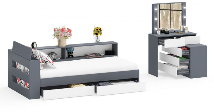 Ксения Кровать с ящиками 0900 + прикроватный блок + Столик с подсветкой 110, графит/белый