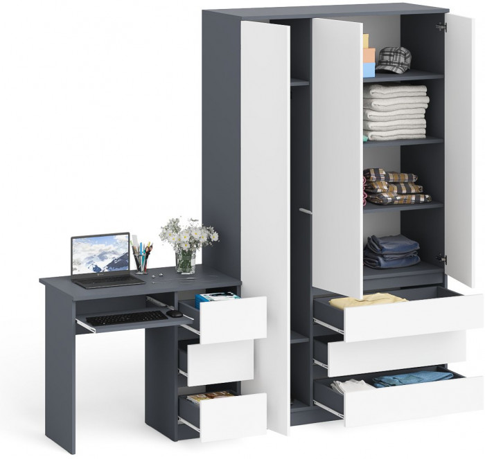 Мори компьютерный стол МС-6 правый + Шкаф МШ1200.1, графит/белый