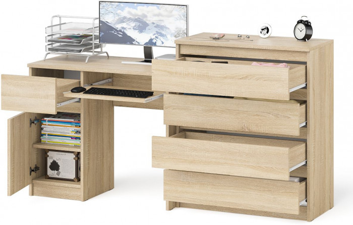Мори Стол компьютерный МС-1 левый + Комод МК800.4, цвет дуб сонома, ШхГхВ 170,4х50х94 см., выдвижной ящик слева, НЕ универсальная сборка