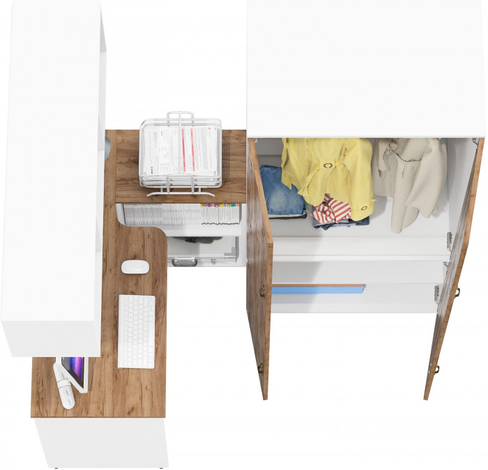 Лидер-8 Стол + Полка + Шкаф МД 19Б, белый шагрень/крафт золото