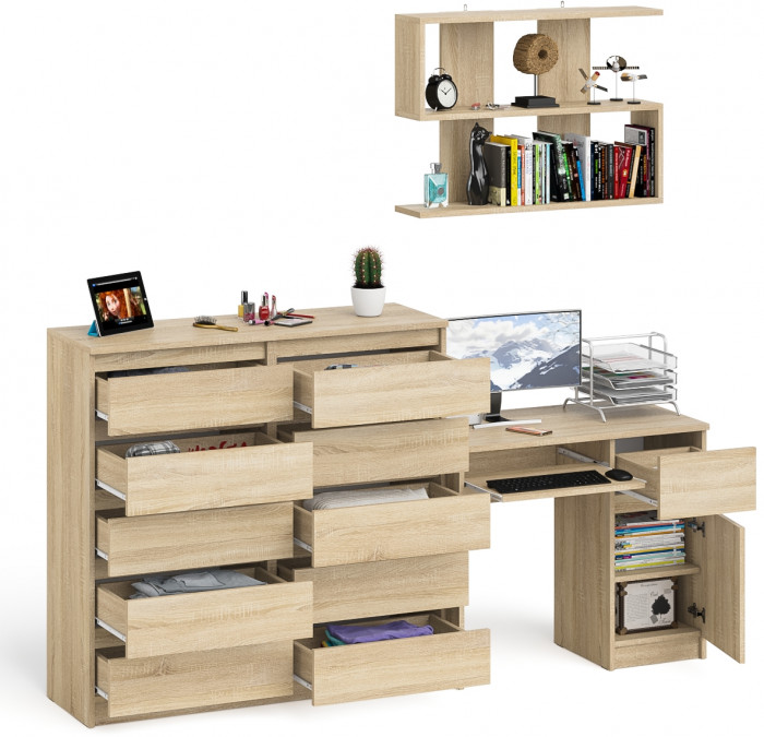 Мори Стол компьютерный МС-1 правый + Комод МК1200.10 + Полка 900, цвет дуб сонома, ШхГхВ 210,4х50х209,6 см., НЕ универсальная сборка