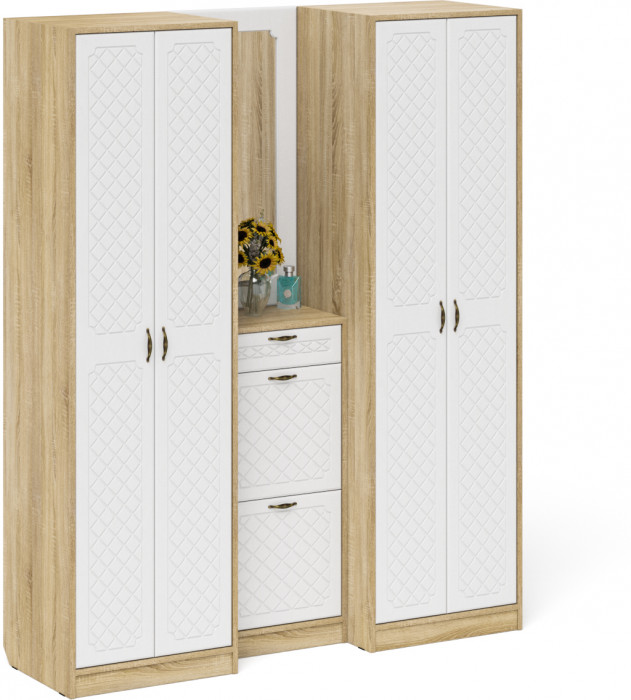 Прихожая П-6 Компоновка № 14, цвет дуб сонома/фасады МДФ белое дерево фрезеровка ромб, ШхГхВ 170х50х210 см., универсальная сборка