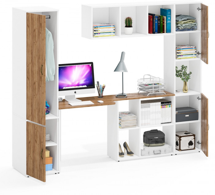 Лидер-8 Пенал МД 23Б + Стол + Полка + Пенал, белый шагрень/крафт золото