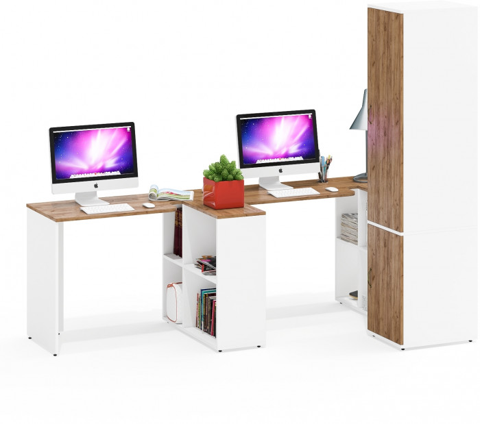 Лидер-8 Стол + Стол + Пенал МД 23Б, белый шагрень/крафт золото