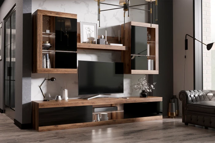 Прага Модульная Гостиная, вариант №3, Дуб Делано/Черный глянец