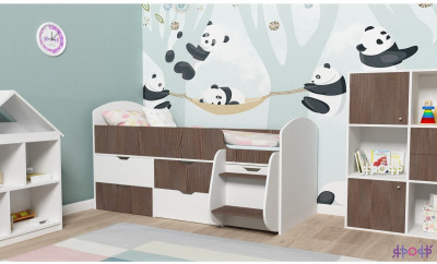 Кровать-чердак Малыш 7 (Белое дерево/Ясень Анкор темный)