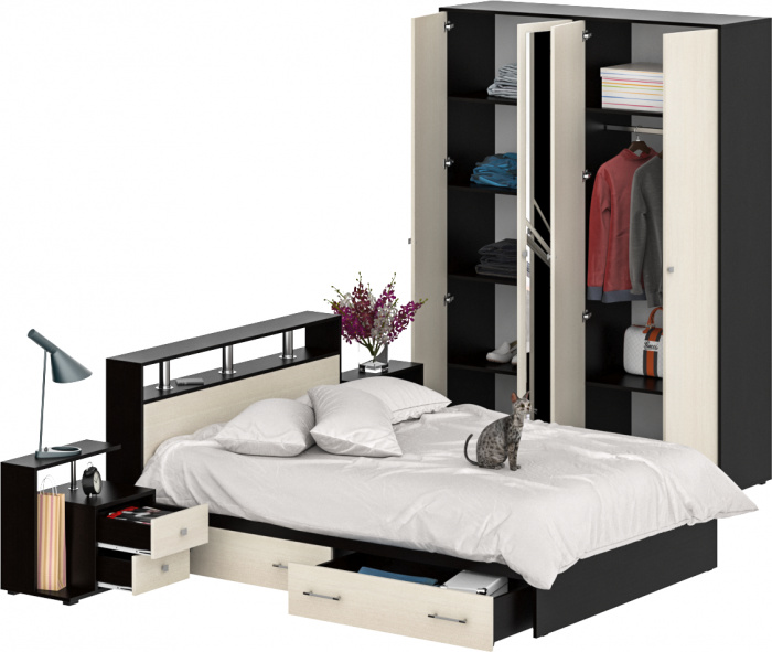 Камелия спальня № 8 Кровать с ящиками 1400 + Две тумбы + Шкаф 4-х створчатый, венге/дуб лоредо