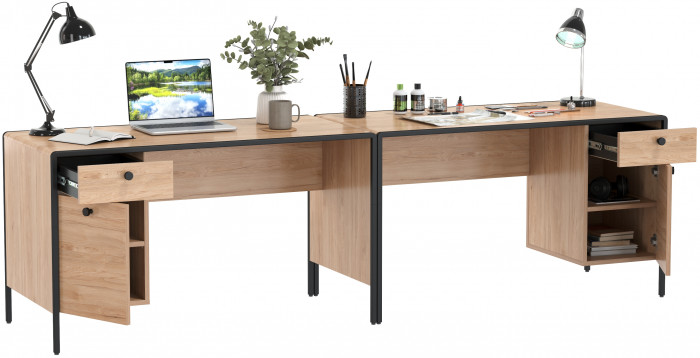 Брюс Стол письменный 12.157 + Стол письменный 12.157, цвет чёрный/Battle rock Santiago/столешница МДФ ель карпатская, ШхГхВ 260х62,6х75 см., ун. сб.