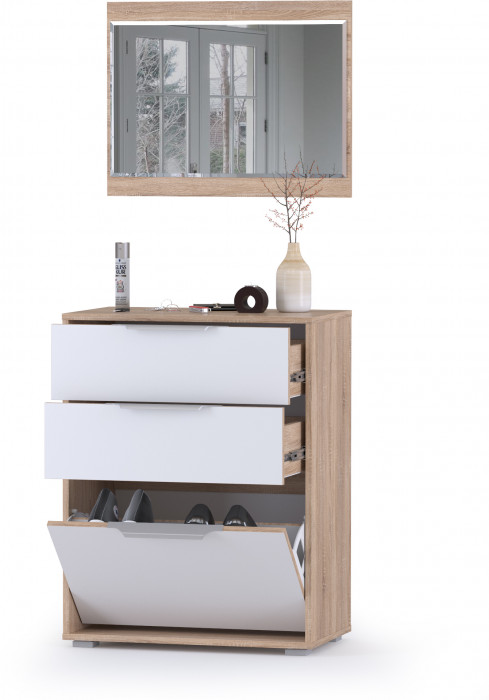 Куба Прихожая 1, обувница 13.113 + Зеркало, цвет дуб сонома/белый премиум, ШхГхВ 65х38,3х180 см.
