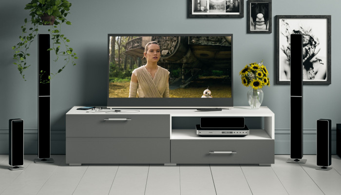 Тумба под ТВ Ларго 1,4, цвет корпус белый/фасады МДФ графитово-серый глянец, ШхГхВ 140х46х35 см., НЕ универсальная сборка