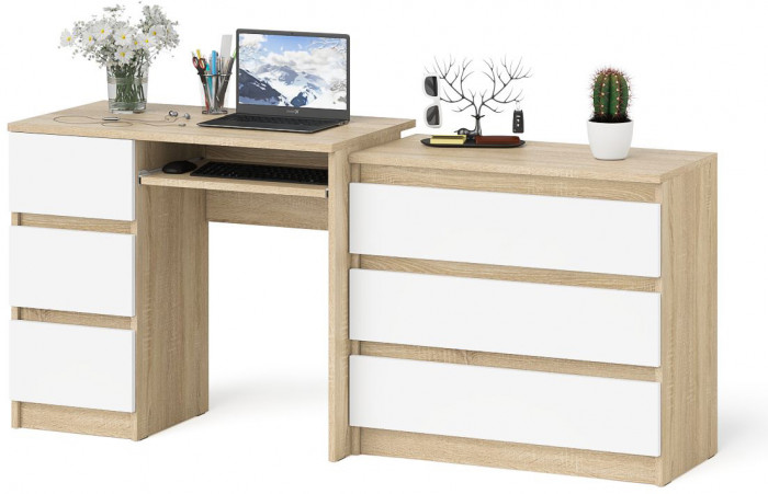 Мори Стол компьютерный МС-6 левый + Комод МК800.1, цвет дуб сонома/белый, ШхГхВ 170,4х50х76,6 см., выдвижные ящики слева, НЕ универсальная сборка