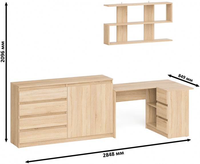 Мори компьютерный стол МС-16 правый + Комод МК1600.1 + Полка 1200, дуб сонома