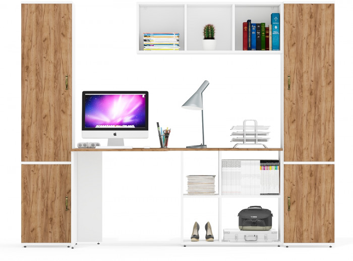 Лидер-8 Пенал МД 22Б + Стол + Полка + Пенал 21Б, цвет белый шагрень/крафт золото, ШхГхВ 245х50х75/190 или 155х120/50х75/190 см., НЕ универс. сборка