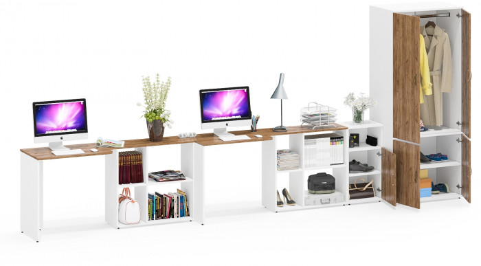 Лидер-8 Стол + Стол + Шкаф МД 19Б + Тумба МД 3.19, цвет белый шагрень/крафт золото, ШхГхВ 450х50х75/190 или 230х200/50х75/190 см., НЕ ун. сб.