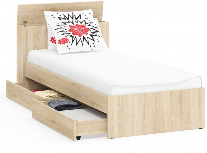 Ксения Кровать с ящиками 0900, цвет дуб сонома, ШхГхВ 96,4х221,6х72 см., сп.м. 900х2000 мм., без матраса, основание есть, универсальная сборка