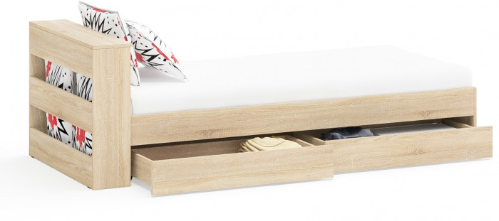Ксения Кровать с ящиками 0900, цвет дуб сонома, ШхГхВ 96,4х221,6х72 см., сп.м. 900х2000 мм., без матраса, основание есть, универсальная сборка