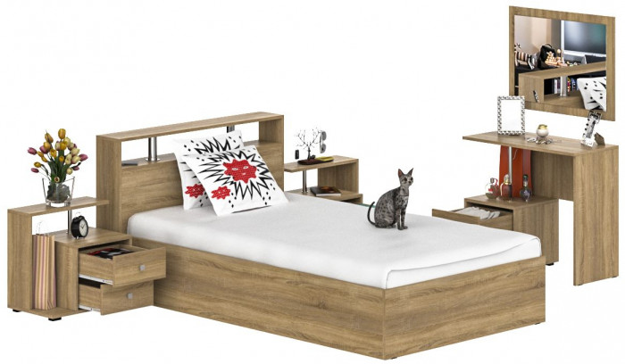 Камелия спальня № 6 Кровать 1200 + Две тумбы + Стол косметический + Зеркало, цвет дуб сонома, сп.м. 1200х2000 мм., б/м, основание есть