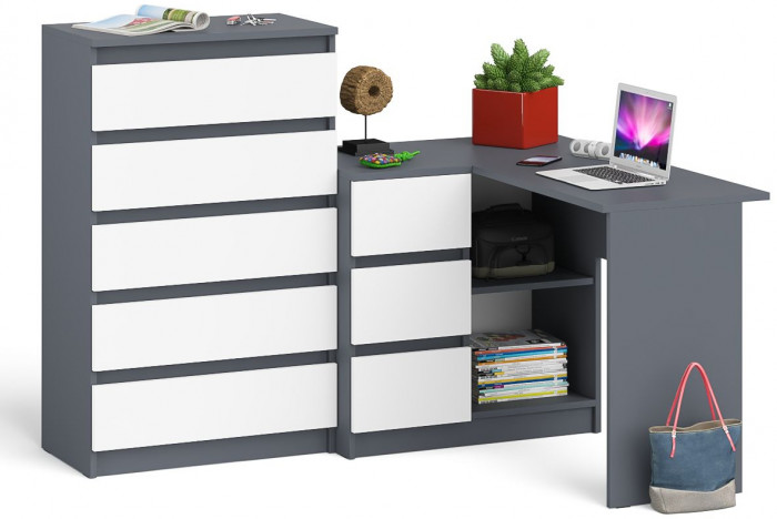 Мори компьютерный стол МС-16 левый + Комод МК700.5, графит/белый