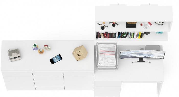 Мори Стол компьютерный МС-1 левый + Комод МК1200.4 + Полка 900, цвет белый, ШхГхВ 210,4х50х209,6 см., НЕ универсальная сборка